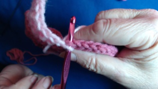 Up 2 stitches and insert hook into anchor threads